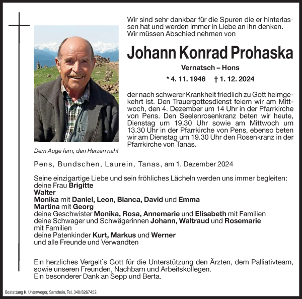 Traueranzeige von Johann Konrad Prohaska von Dolomiten