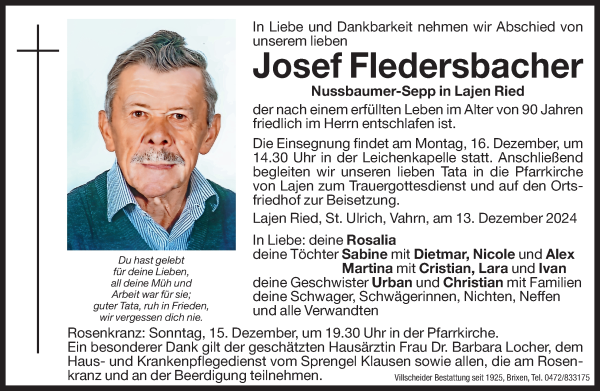 Traueranzeige von Josef Fledersbacher von Dolomiten