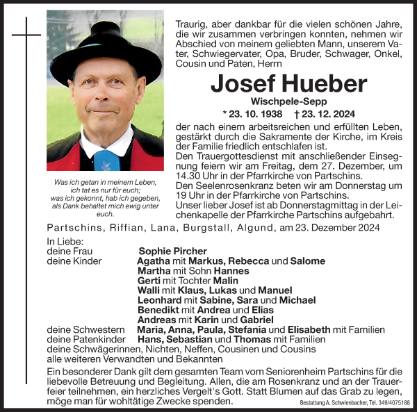 Traueranzeige von Josef Hueber von Dolomiten