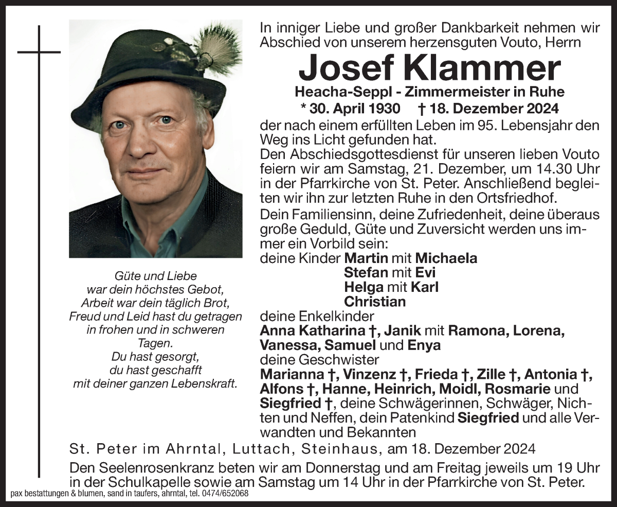 Traueranzeige für Josef Klammer vom 19.12.2024 aus Dolomiten
