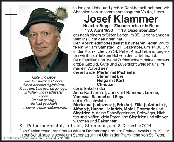 Traueranzeige von Josef Klammer von Dolomiten