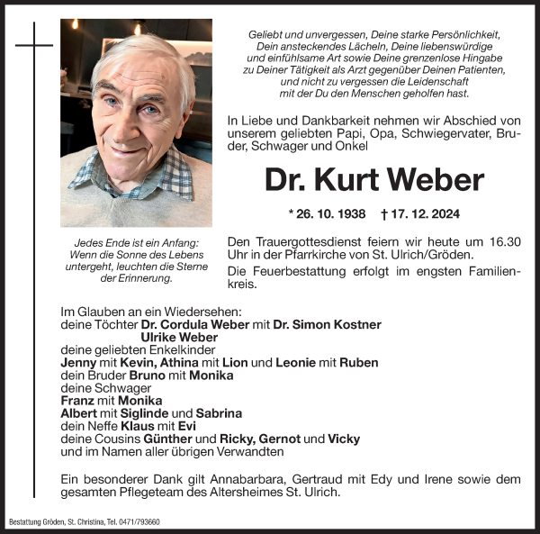 Traueranzeige von Kurt Weber von Dolomiten