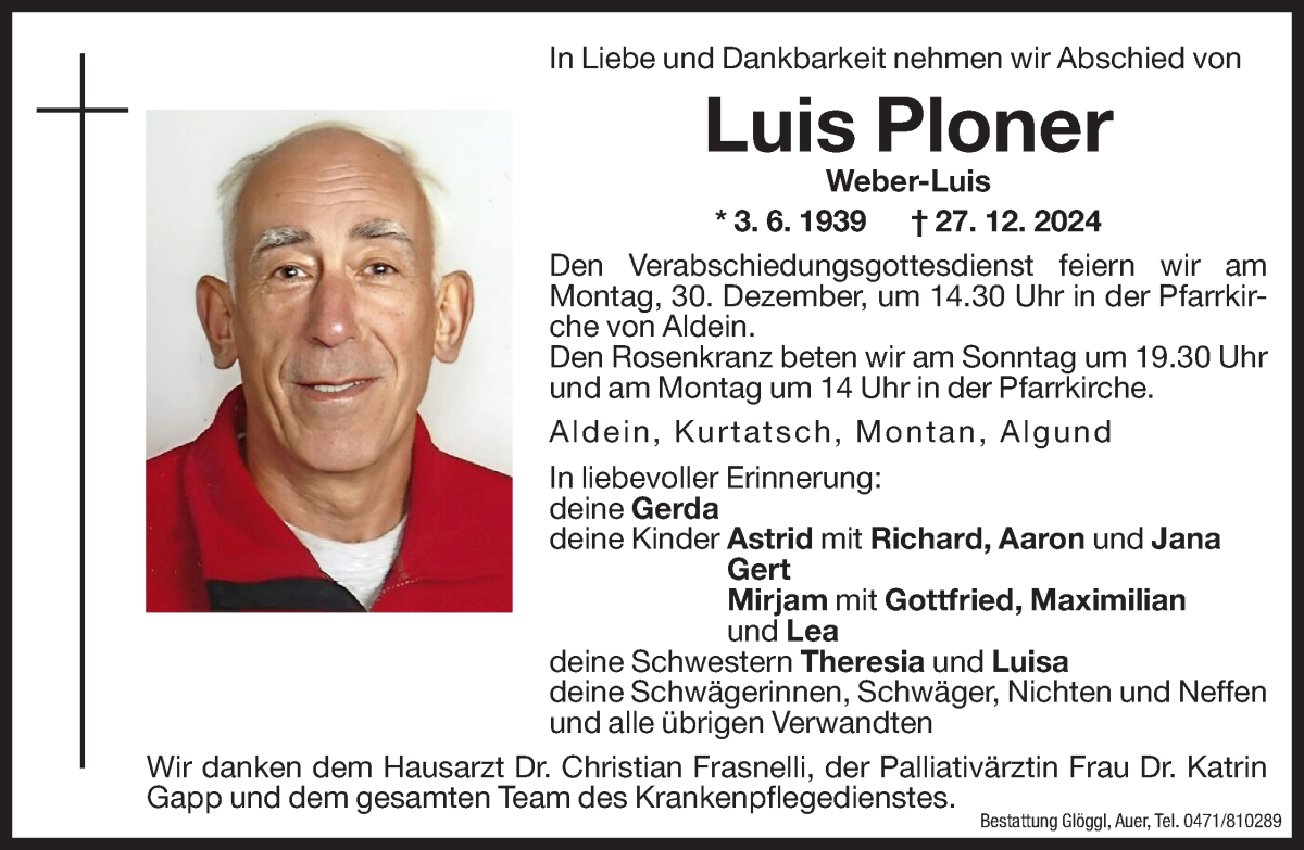  Traueranzeige für Luis Ploner vom 28.12.2024 aus Dolomiten