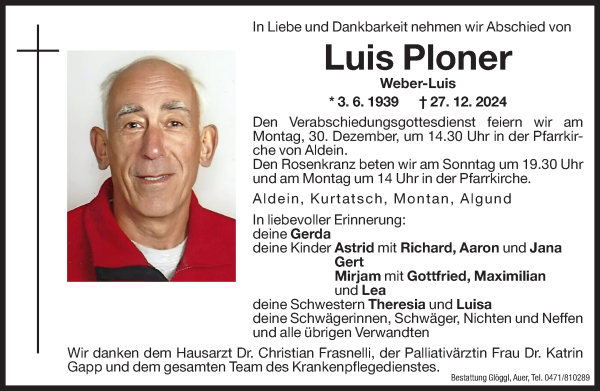 Traueranzeige von Luis Ploner von Dolomiten
