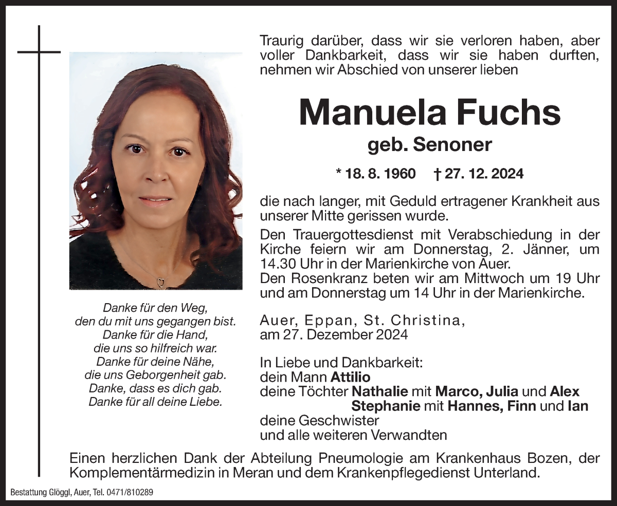  Traueranzeige für Manuela Fuchs vom 30.12.2024 aus Dolomiten