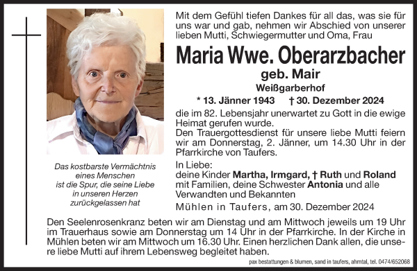 Traueranzeige von Maria Oberarzbacher von Dolomiten