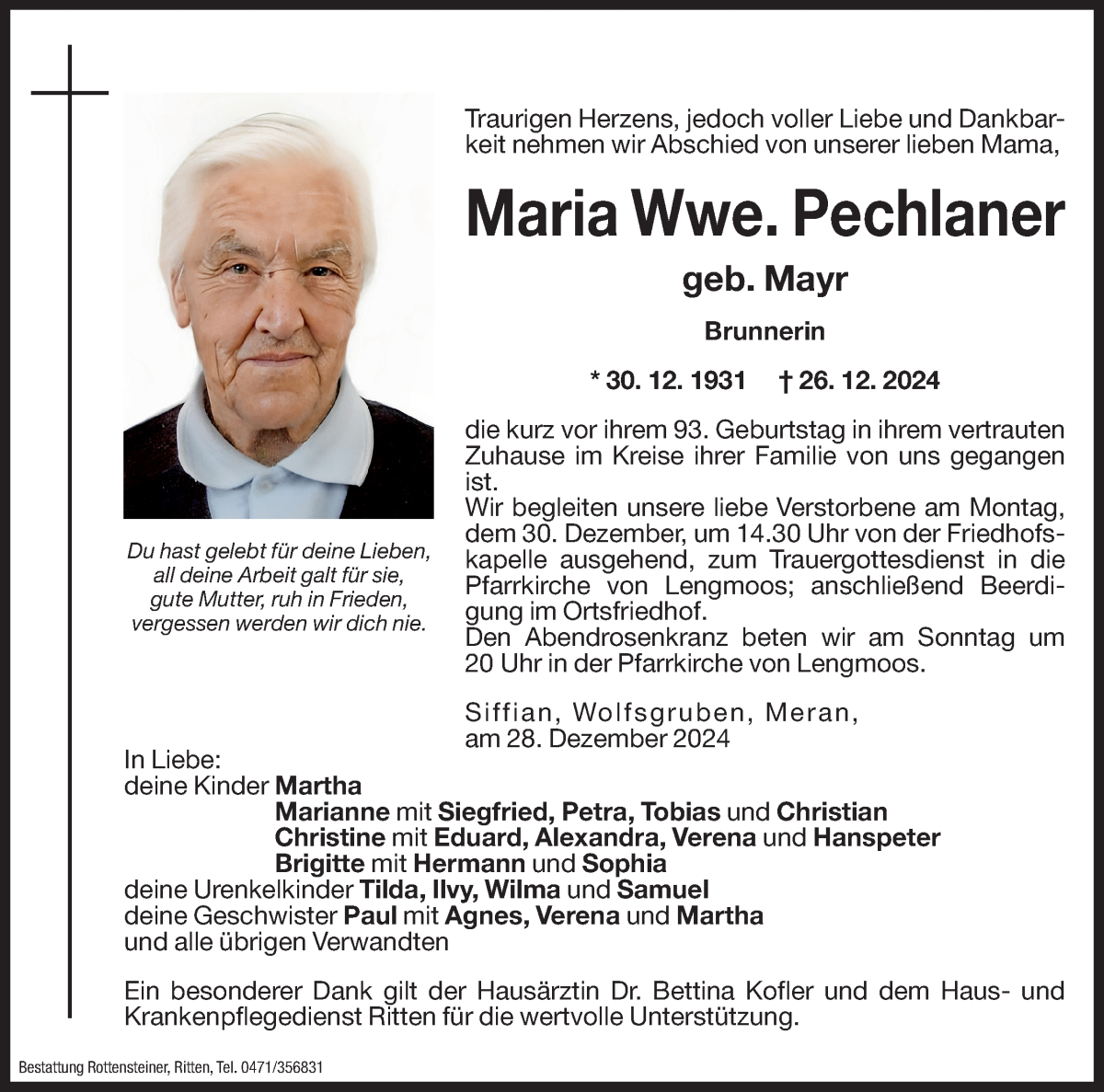  Traueranzeige für Maria Pechlaner vom 28.12.2024 aus Dolomiten
