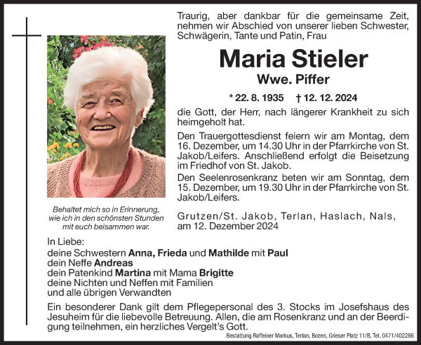 Traueranzeige von Maria Piffer von Dolomiten