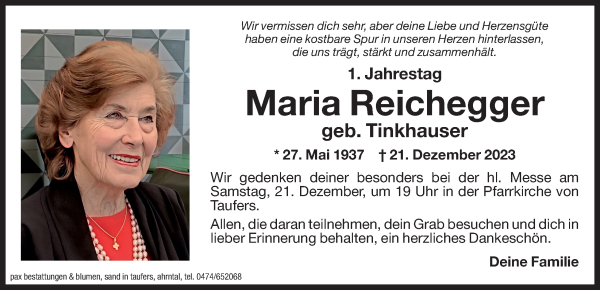 Traueranzeige von Maria Reichegger von Dolomiten