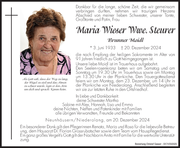 Traueranzeige von Maria Steurer von Dolomiten