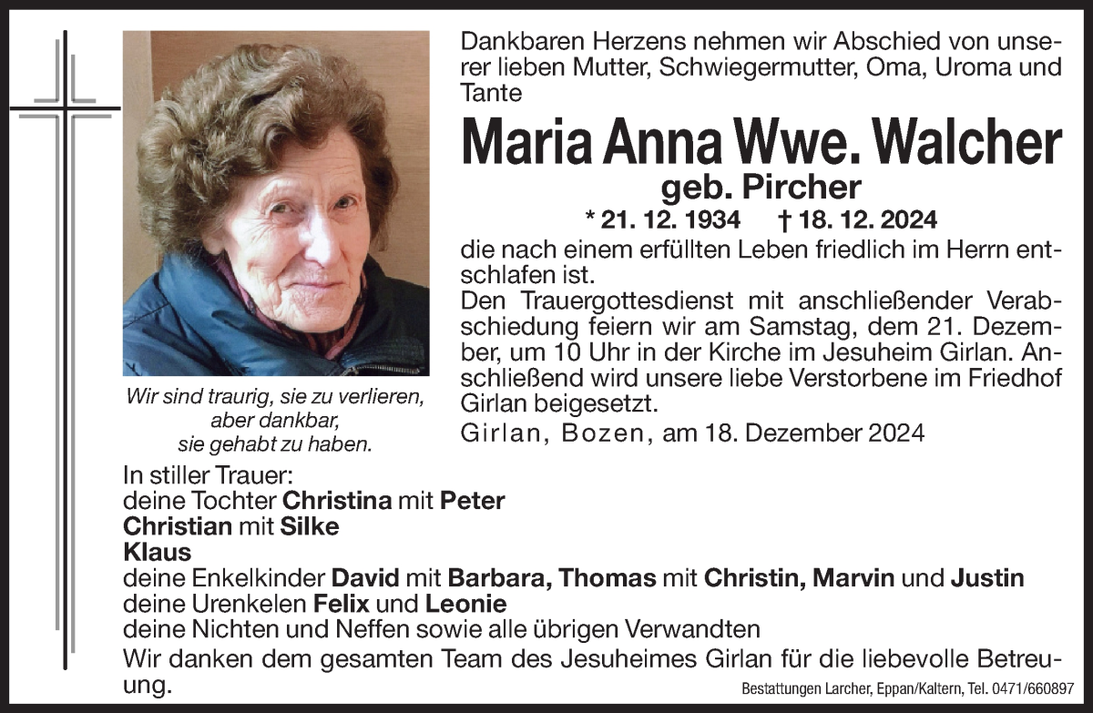  Traueranzeige für Maria Anna Walcher vom 20.12.2024 aus Dolomiten