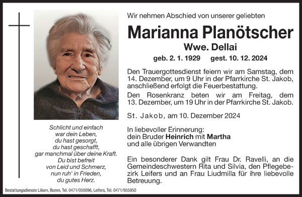 Traueranzeige von Marianna Dellai von Dolomiten
