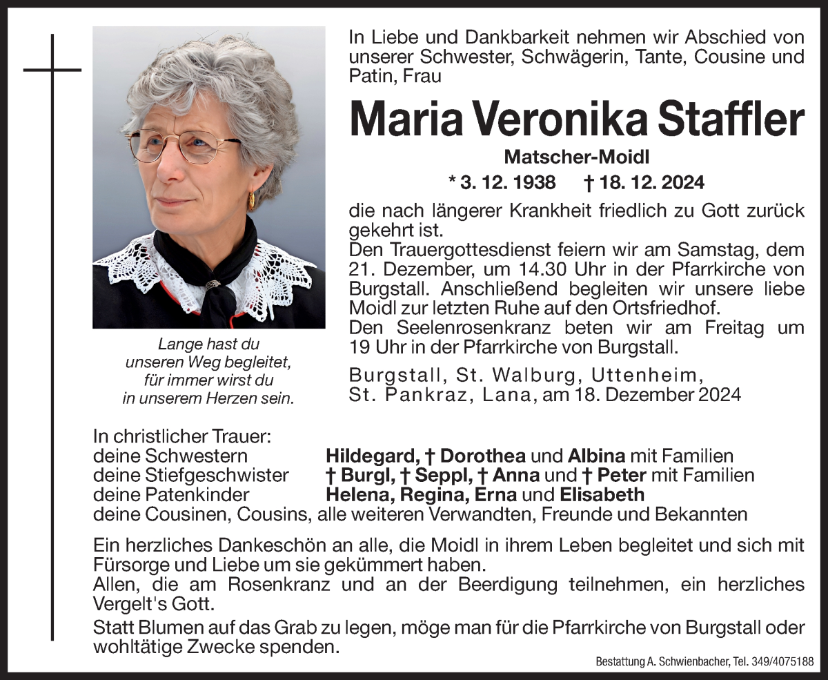  Traueranzeige für Maria Veronika Staffler vom 20.12.2024 aus Dolomiten