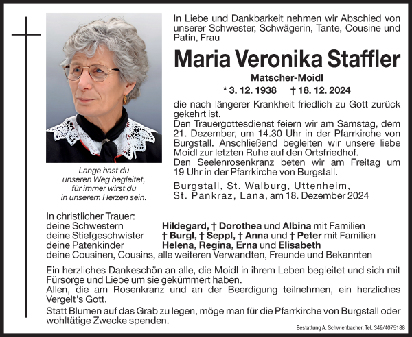 Traueranzeige von Maria Veronika Staffler von Dolomiten