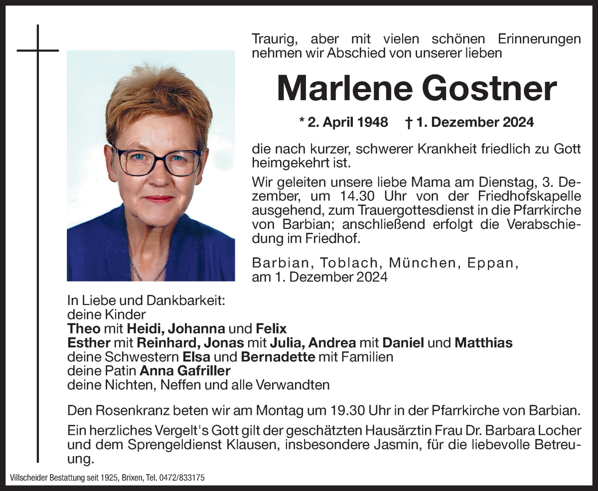  Traueranzeige für Marlene Gostner vom 02.12.2024 aus Dolomiten