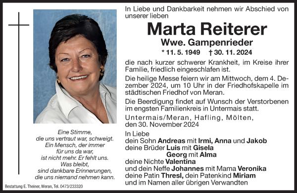 Traueranzeige von Marta Gampenrieder von Dolomiten