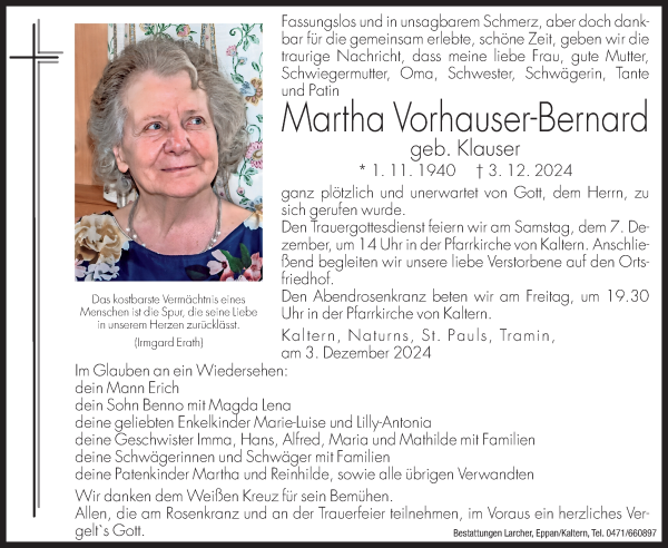 Traueranzeige von Martha Vorhauser-Bernard von Dolomiten