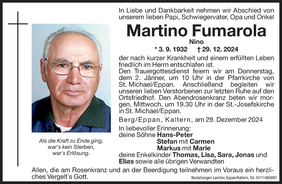  Traueranzeige für Martino Fumarola vom 31.12.2024 aus Dolomiten