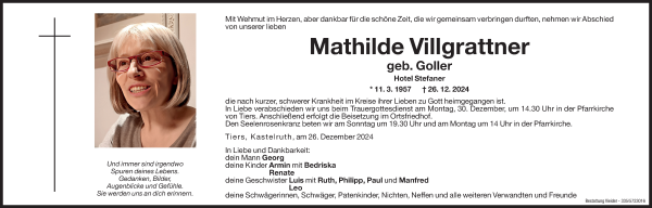 Traueranzeige von Mathilde Villgrattner von Dolomiten