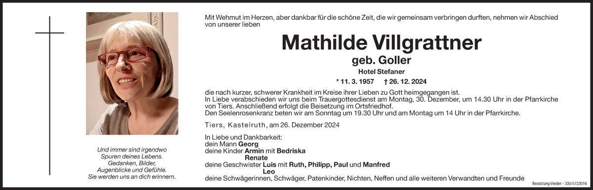  Traueranzeige für Mathilde Villgrattner vom 28.12.2024 aus Dolomiten