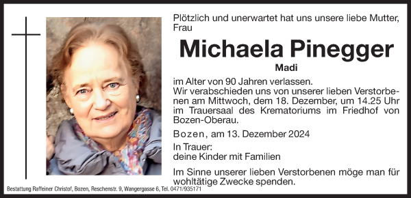 Traueranzeige von Michaela Pinegger von Dolomiten