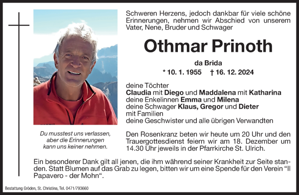 Traueranzeige von Othmar Prinoth von Dolomiten