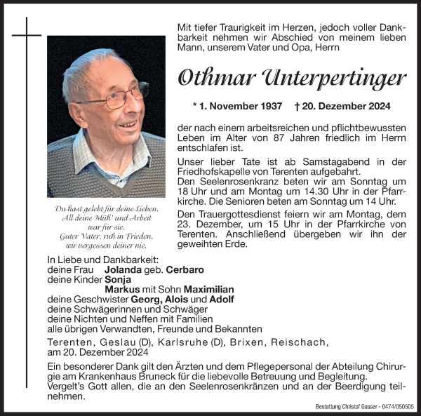 Traueranzeige von Othmar Unterpertinger von Dolomiten