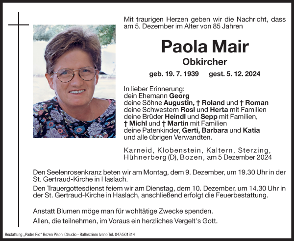 Traueranzeige von Paola Obkircher von Dolomiten