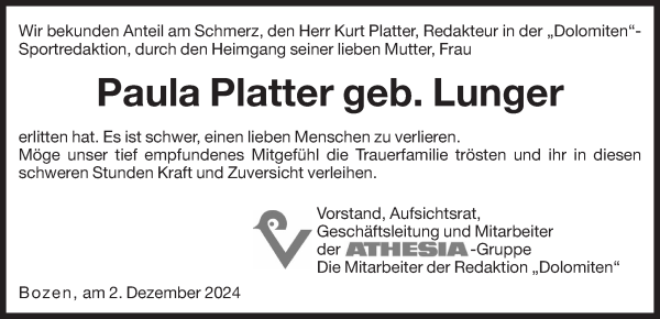 Traueranzeige von Paula Platter  von Dolomiten