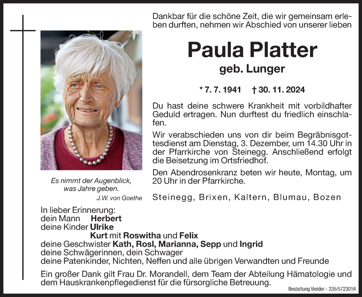  Traueranzeige für Paula Platter  vom 02.12.2024 aus Dolomiten