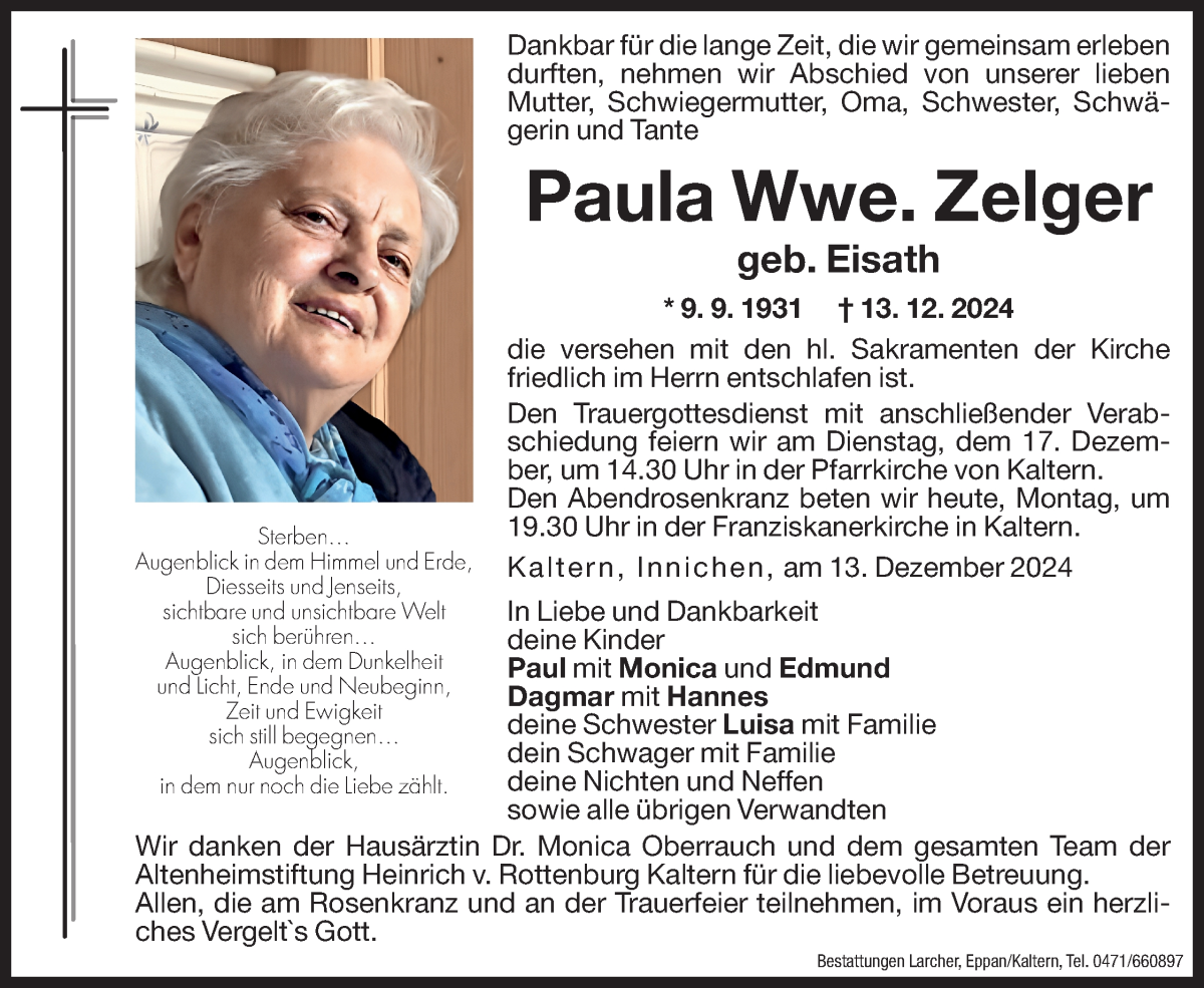  Traueranzeige für Paula Zelger vom 16.12.2024 aus Dolomiten