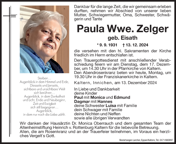 Traueranzeige von Paula Zelger von Dolomiten