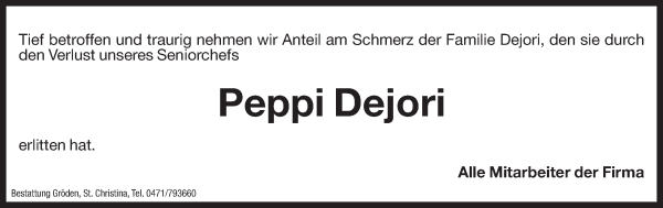 Traueranzeige von Peppi Dejori von Dolomiten