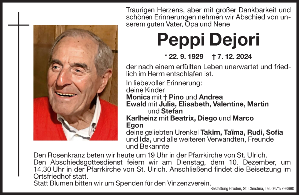 Traueranzeige von Peppi Dejori von Dolomiten