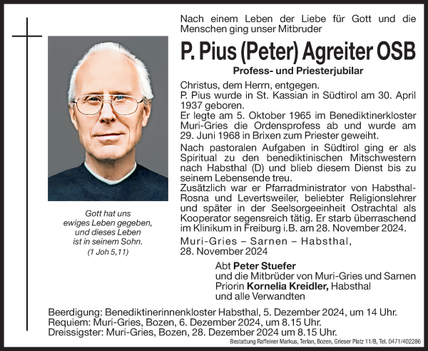 Traueranzeige von Peter Agreiter von Dolomiten