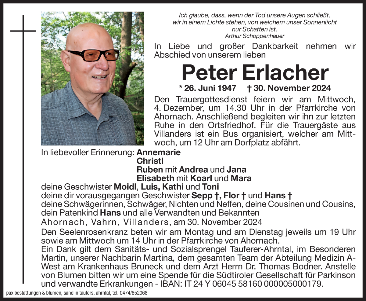  Traueranzeige für Peter Erlacher vom 02.12.2024 aus Dolomiten