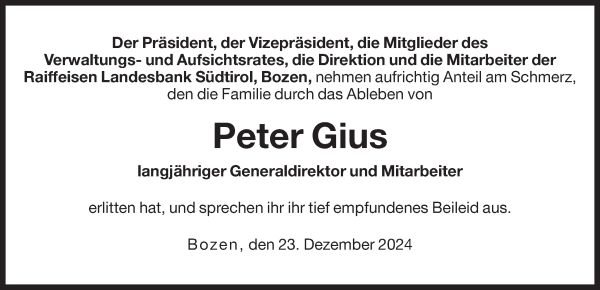 Traueranzeige von Peter Gius von Dolomiten