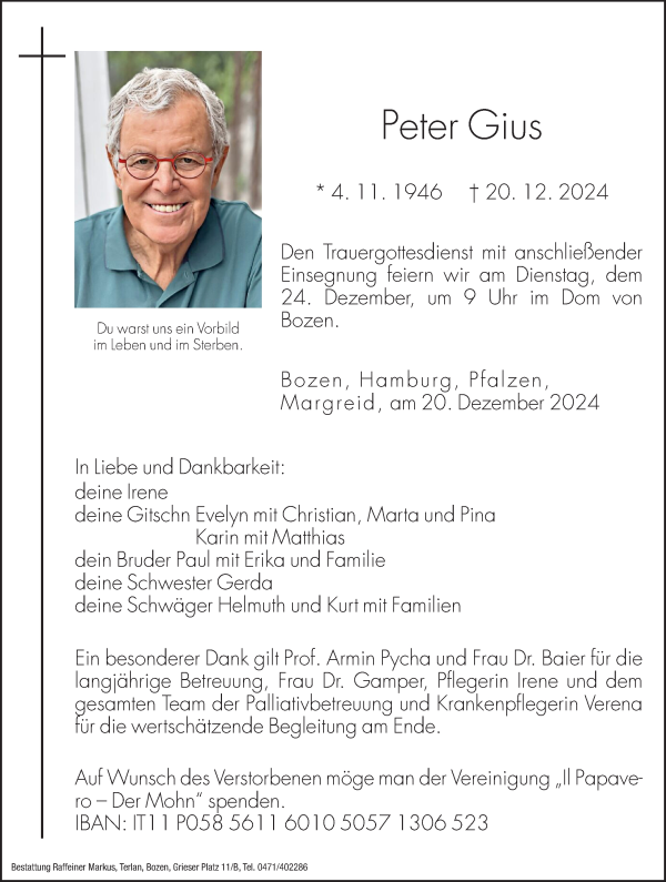 Traueranzeige von Peter Gius von Dolomiten