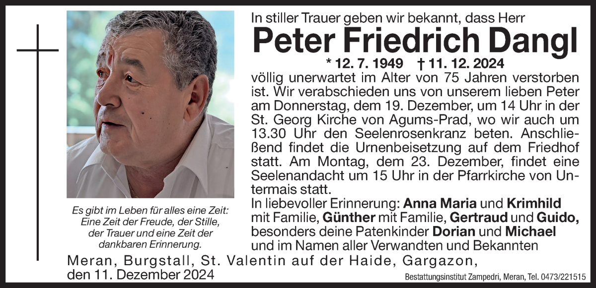  Traueranzeige für Peter Friedrich Dangl vom 18.12.2024 aus Dolomiten