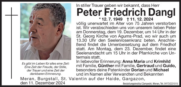 Traueranzeige von Peter Friedrich Dangl von Dolomiten