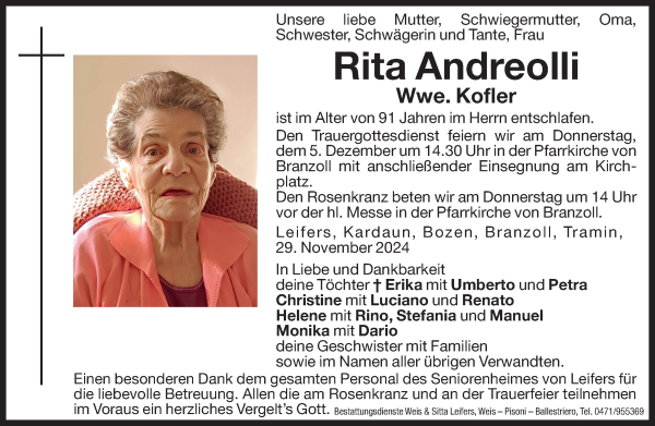 Traueranzeige von Rita Kofler von Dolomiten