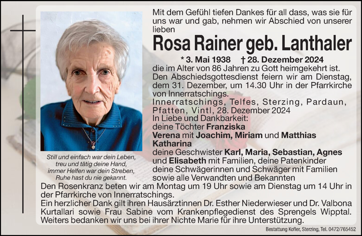  Traueranzeige für Rosa Rainer vom 30.12.2024 aus Dolomiten