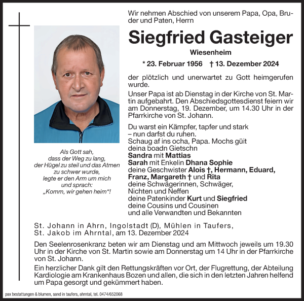 Traueranzeige von Siegfried Gasteiger von Dolomiten