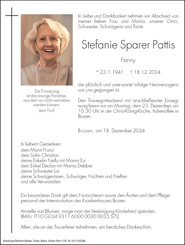 Traueranzeige von Stefanie Pattis von Dolomiten