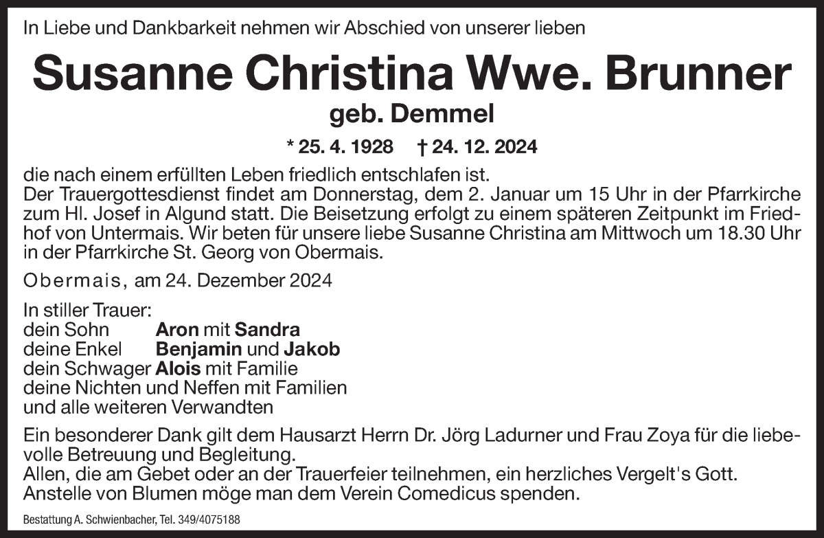  Traueranzeige für Susanne Christina Brunner vom 31.12.2024 aus Dolomiten