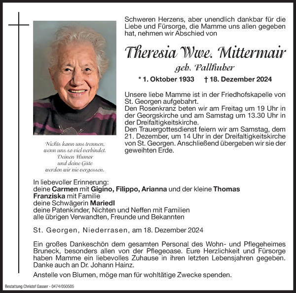 Traueranzeige von Theresia Mittermair von Dolomiten