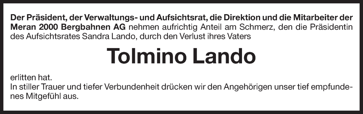  Traueranzeige für Tolmino Lando vom 27.12.2024 aus Dolomiten