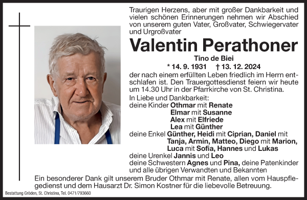 Traueranzeige von Valentin Perathoner von Dolomiten