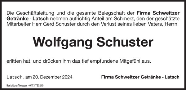 Traueranzeige von Wolfgang Schuster von Dolomiten