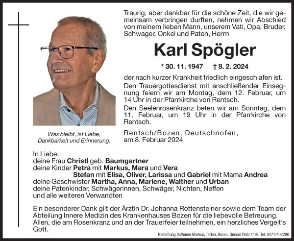 Traueranzeige von Karl Spögler von Dolomiten
